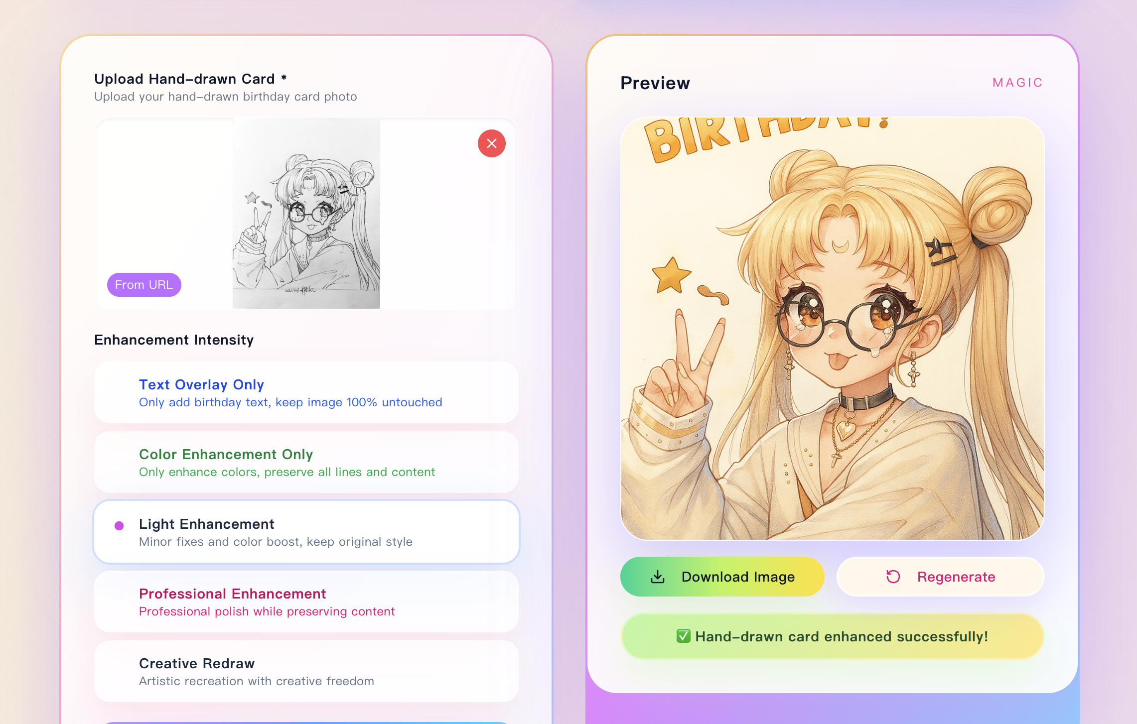 AI birthday card generator interface showing transformation process in action